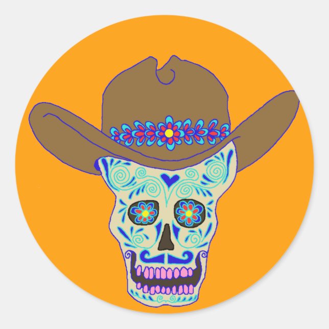 Cowboy-Schädel, Dia de los Muertos Runder Aufkleber (Vorderseite)