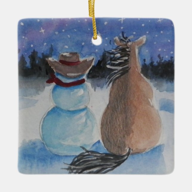 Cowboy-Schneemann mit Pferdeweihnachtsfeiertag Keramikornament (Vorderseite)
