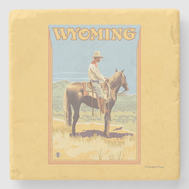 Cowboy (Seitenansicht) Wyoming Steinuntersetzer (Vorderseite)
