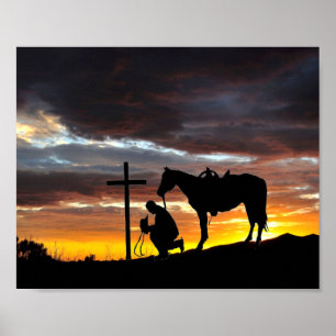 Cowboy-Silhouette mit Sonnenuntergang-Poster Poster