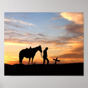 Cowboy-Silhouette mit Sonnenuntergang-Poster Poster