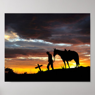 Cowboy-Silhouette mit Sonnenuntergang-Poster Poster
