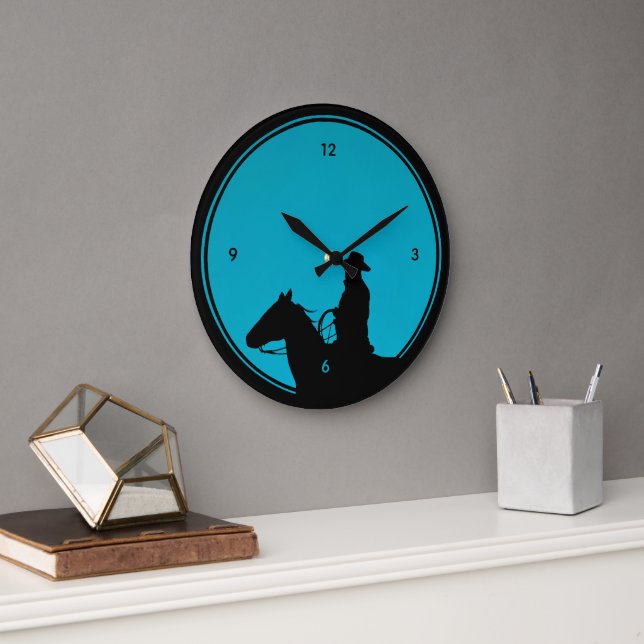 Cowboy Silhouette on Turquoise Große Wanduhr (Büro)