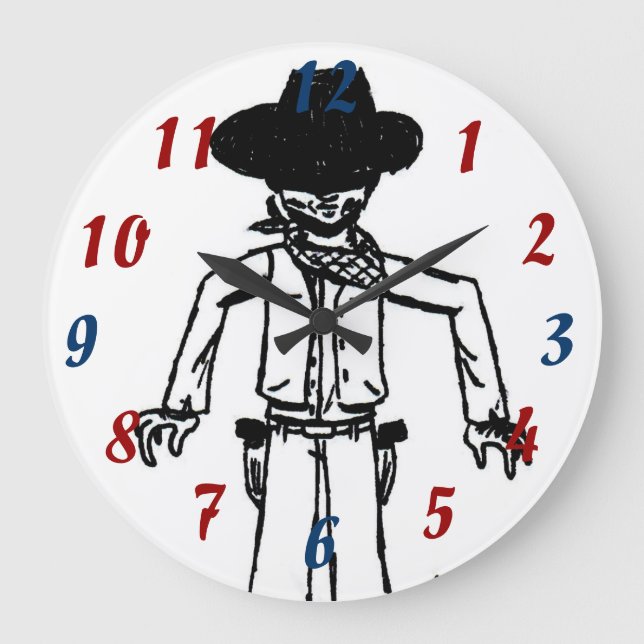 Cowboy Sketch Clock Große Wanduhr (Vorderseite)