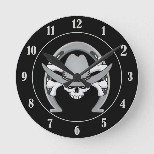 Cowboy Skull Horseshoe Runde Wanduhr (Vorderseite)
