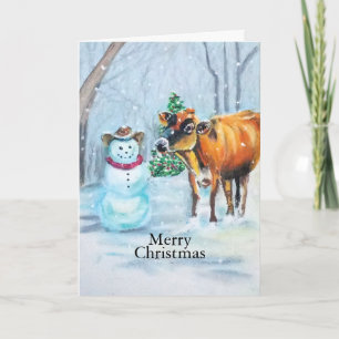 Cowboy Snowman & Cow Weihnachtslandschaft Feiertagskarte