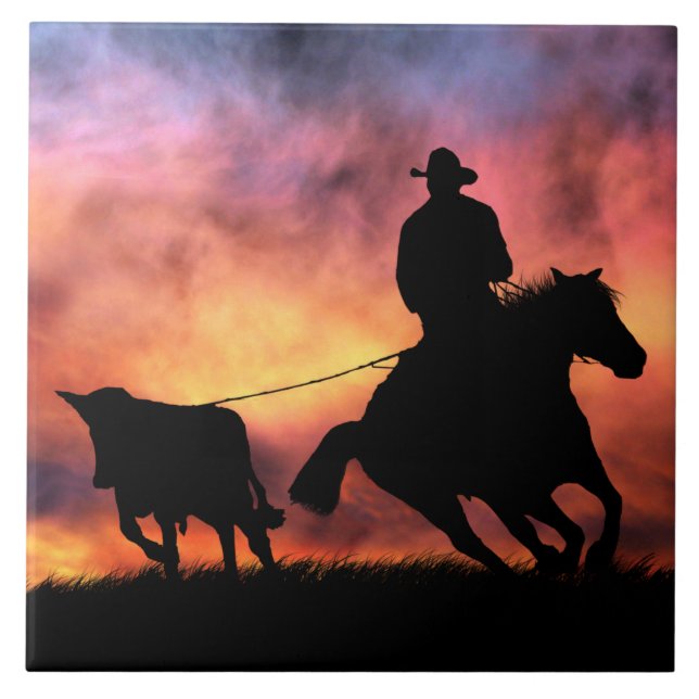 Cowboy Steer Roping in Sunset Fliese (Vorderseite)