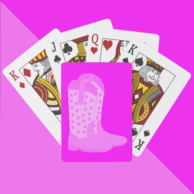Cowboy Stiefel mit Sternen auf rosa Hintergrund Spielkarten (A deck of playing cards with a pair of pink cowboy boots on a pink background.)