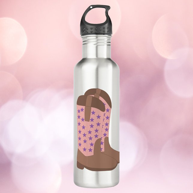 Cowboy Stiefel Pink Brown Lila Stars Muster Edelstahlflasche (A water bottle with a pair of cowboy boots done in brown and pink with purple stars.)