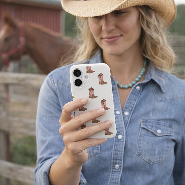 Cowboy-Stiefel Rosa mit falschen silbernen Glitter Case-Mate iPhone Hülle (A phone case with a pattern of pink cowboy boots with stars)