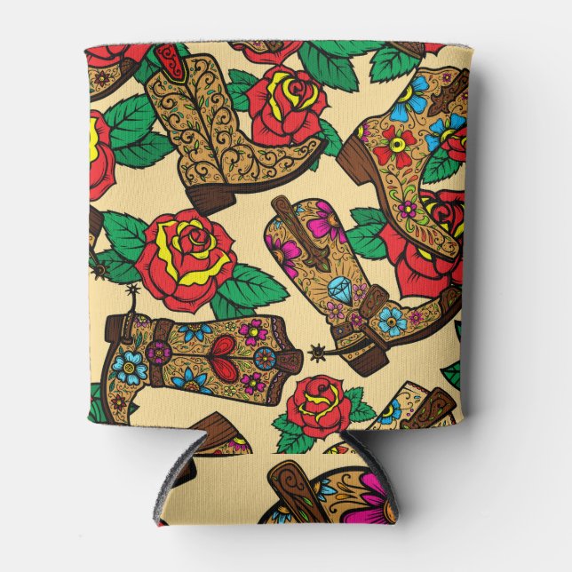 Cowboy Stiefel & Rose: Vintages Design. Dosenkühler (Vorderseite)