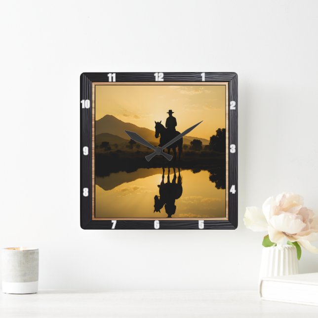 Cowboy Sunset Horseback Reflection Quadratische Wanduhr (Zuhause)