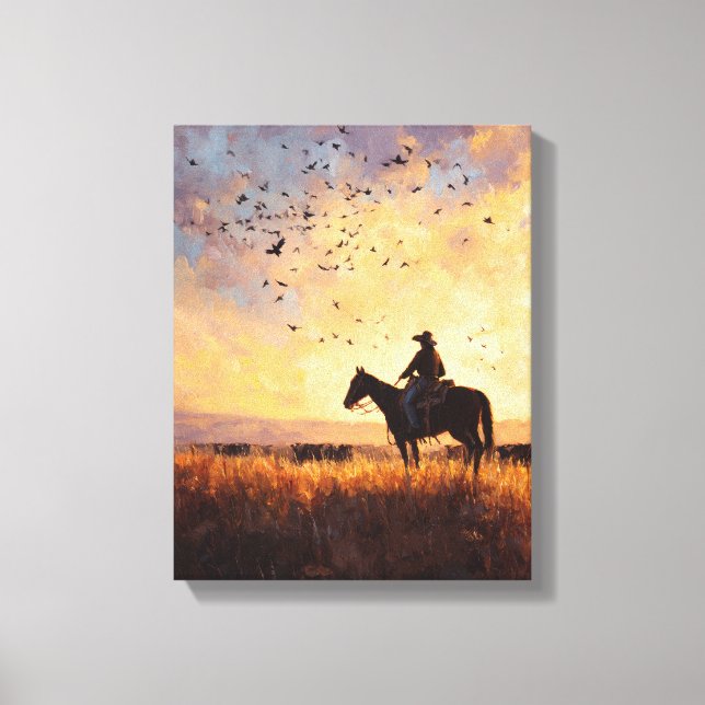 Cowboy Sunset Ride Silhouette Painting Leinwanddruck (Vorderseite)