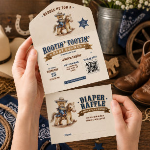 Cowboy Teddy Bär Baby Shower QR Windel Raffle All In One Einladung