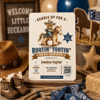 Cowboy Teddy Bär Western QR RSVP Baby Shower Einladung