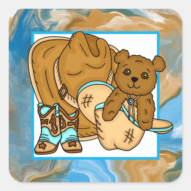 Cowboy Teddy Bear Boy's Teddy Bear Baby Shower Quadratischer Aufkleber (Vorderseite)