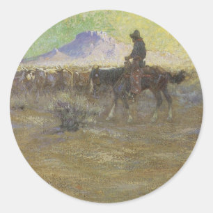 Cowboy treibt Rinder auf der Range von Lon Megarge Runder Aufkleber