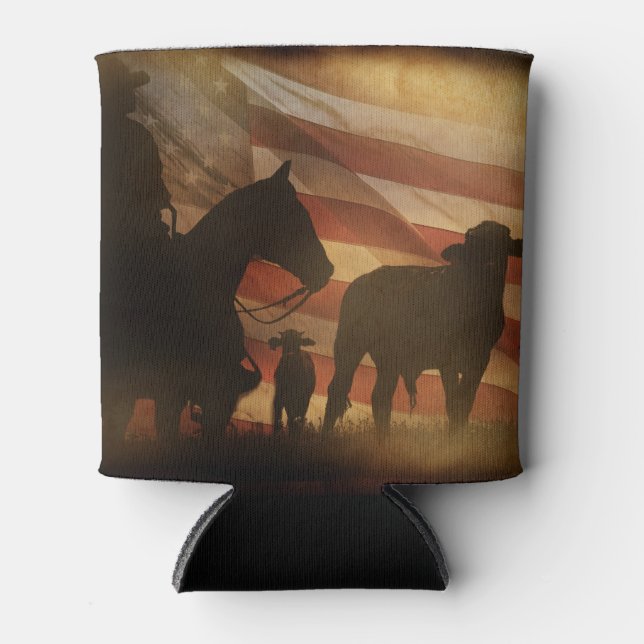 Cowboy und amerikanische Flagge gestört Can Cooler Dosenkühler (Vorderseite)