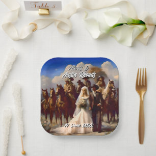 Cowboy und Braut Outdoor-Hochzeit Pappteller