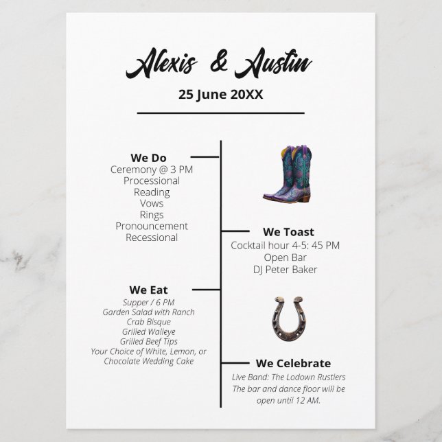 Cowboy und Bride Western Style Wedding Program Menükarte (Vorderseite)