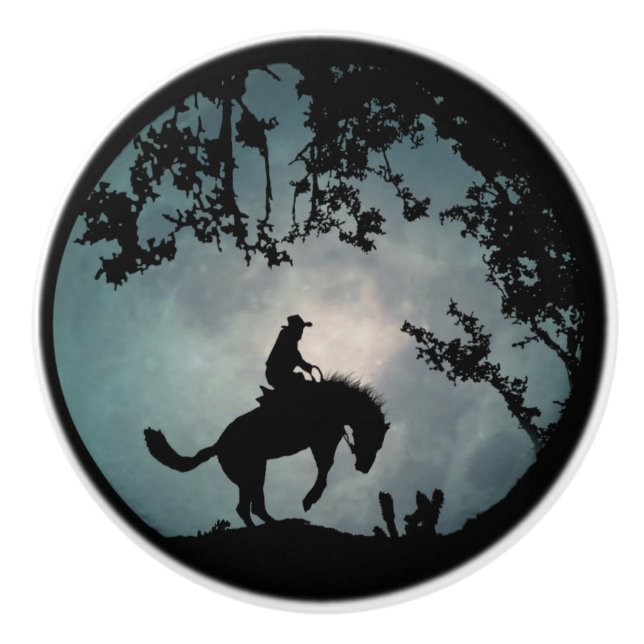 Cowboy und Bucking Pferde Vollmond Dekorpullis Keramikknauf (Vorderseite)