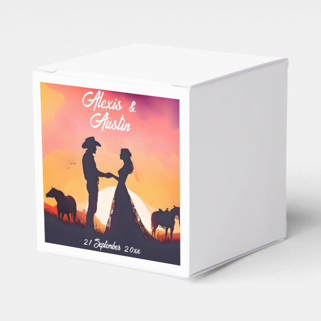 Cowboy und Cowgirl Hochzeit in Silhouette Geschenkschachtel (Vorderseite)