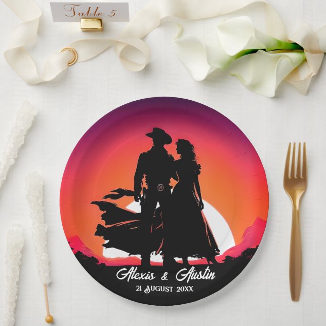 Cowboy und Cowgirl in Sundown Pappteller (Hochzeit)