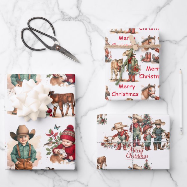 Cowboy und Cowgirl Kinder Weihnachten Geschenkpapier Set (Vorderseite)