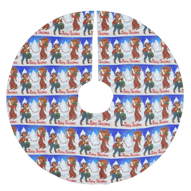 Cowboy und Cowgirl Kinder Winter frohe Weihnachten Polyester Weihnachtsbaumdecke (Vorderseite)
