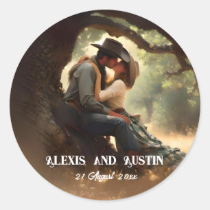 Cowboy und Cowgirl küssen sich bei der Hochzeit Runder Aufkleber