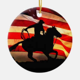 Cowboy und die amerikanische Flagge Weihnachtsorna Keramikornament