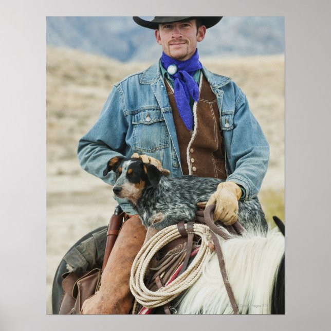 Cowboy und Hund auf Pferd Poster (Vorne)