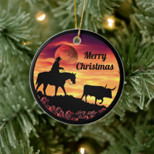 Cowboy und Longhorn Steer Keramik Ornament