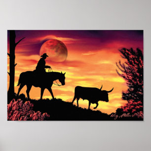 Cowboy und Longhorn Steer Poster