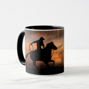 Cowboy und Pferd bei Sonnenuntergang Tasse