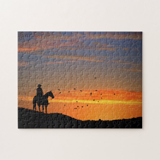 Cowboy und Pferd im Sonnenuntergang Western Puzzle (Horizontal)