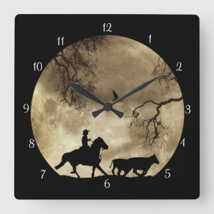 Cowboy und Pferd mit Steven im Mondlicht Quadratische Wanduhr