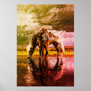 Cowboy- und Pferd-Reflexions-Wandkunst – Western Poster