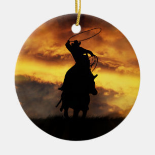 Cowboy und Pferd Roping Sunset Xmas Keramik Ornament