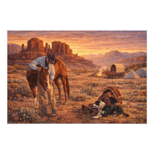 Cowboy und Pferd Sonnenuntergang Fotodruck