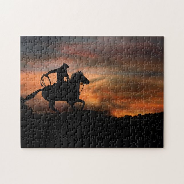 Cowboy und Pferdereiten - Sonnenuntergang Puzzle (Horizontal)
