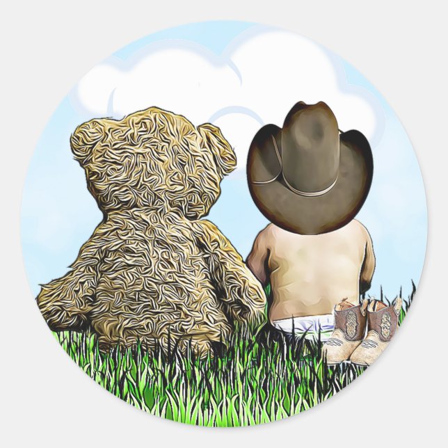 Cowboy und Teddy Bear Baby Boy Runder Aufkleber (Vorderseite)
