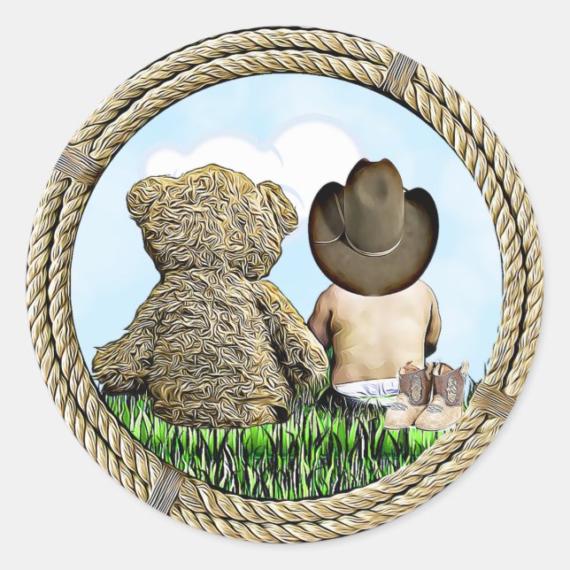 Cowboy und Teddy Bear Baby Boy Runder Aufkleber (Vorderseite)