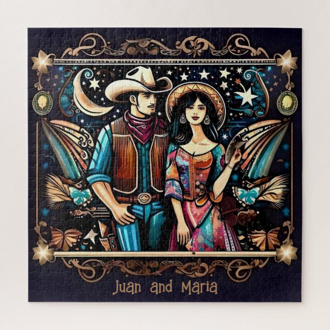 Cowboy und Weibchen Schwarz und Gold Puzzle (Vertikal)