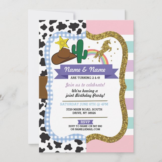 Cowboy & Unicorn Boys Girls Birthday Invites Einladung (Vorderseite)
