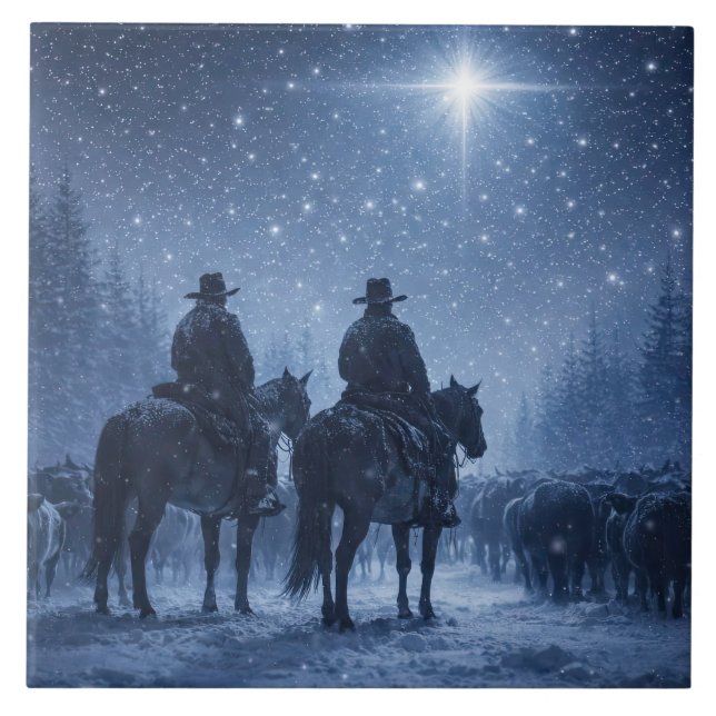 Cowboy-Viehtrieb-Winterkunstwerk Fliese (Vorderseite)