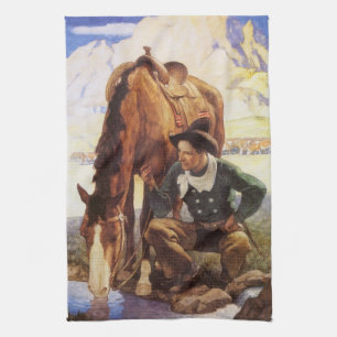 Cowboy Watering His Horse von NC Wyeth, Vintage Ku Geschirrtuch