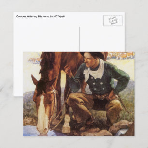 Cowboy Watering His Horse von NC Wyeth, Vintage Ku Postkarte