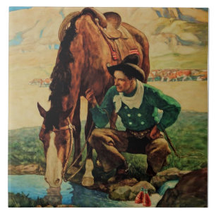 Cowboy Watering Seines Pferdes durch NC Wyeth Fliese
