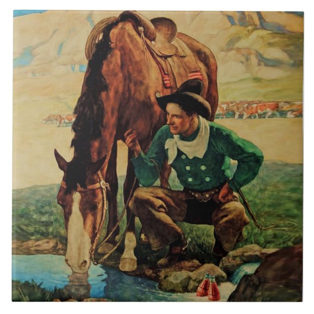 Cowboy Watering Seines Pferdes durch NC Wyeth Fliese (Vorderseite)